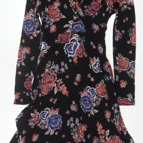 Monsoon Women Black Floral UK 10 Midi Fit & Flare Wrap Dress
