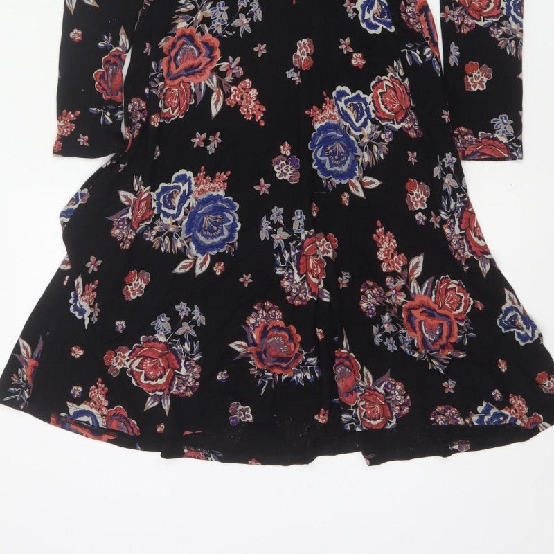 Monsoon Women Black Floral UK 10 Midi Fit & Flare Wrap Dress