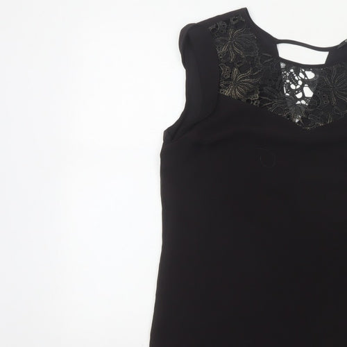Oasis Women Black Size 12 Lace Yoke Sheer Tunic Blouse