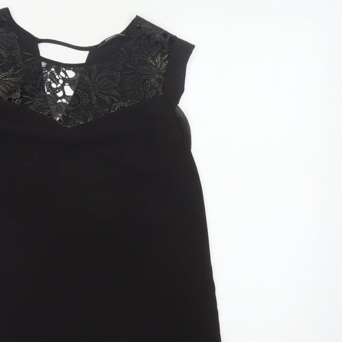 Oasis Women Black Size 12 Lace Yoke Sheer Tunic Blouse
