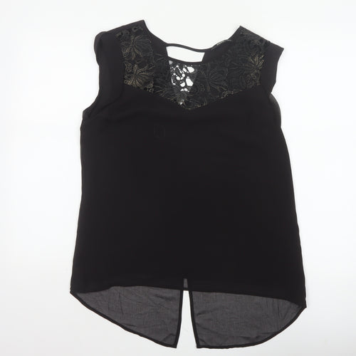 Oasis Women Black Size 12 Lace Yoke Sheer Tunic Blouse