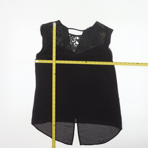 Oasis Women Black Size 12 Lace Yoke Sheer Tunic Blouse