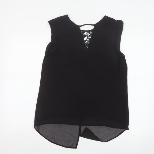 Oasis Women Black Size 12 Lace Yoke Sheer Tunic Blouse