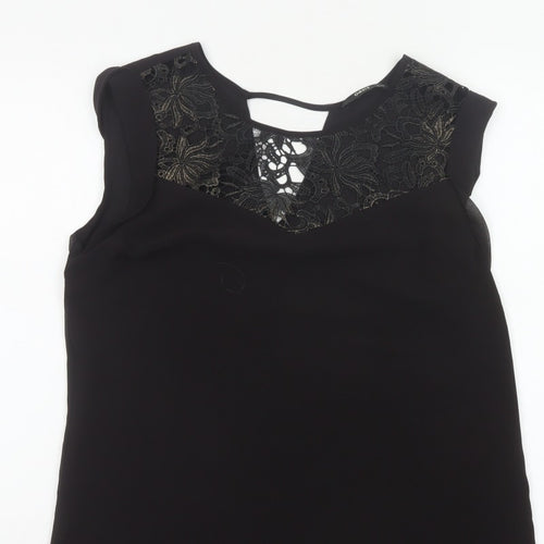 Oasis Women Black Size 12 Lace Yoke Sheer Tunic Blouse