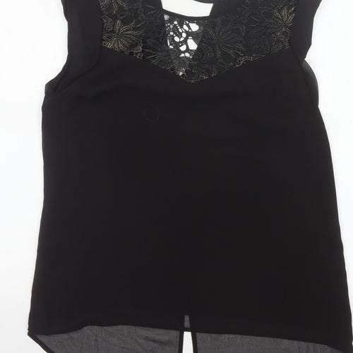 Oasis Women Black Size 12 Lace Yoke Sheer Tunic Blouse