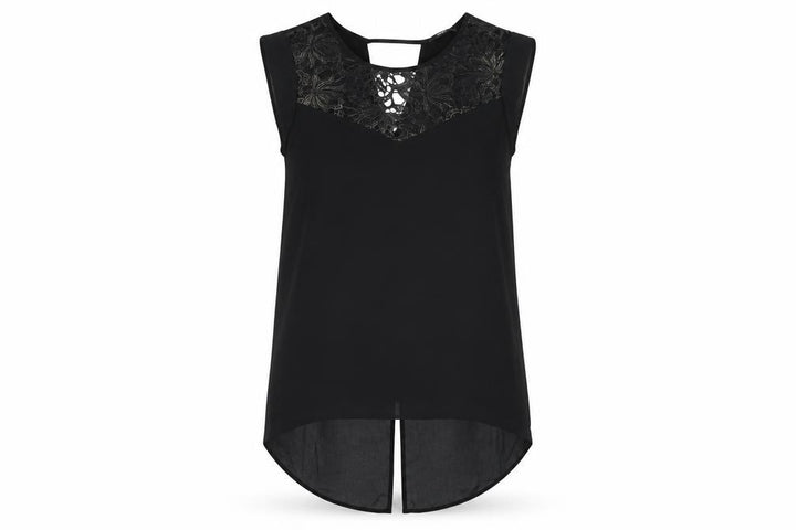 Oasis Women Black Size 12 Lace Yoke Sheer Tunic Blouse