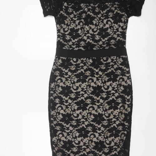 Boohoo Women Black UK 14 Floral Lace Bodycon Knee Party Dress