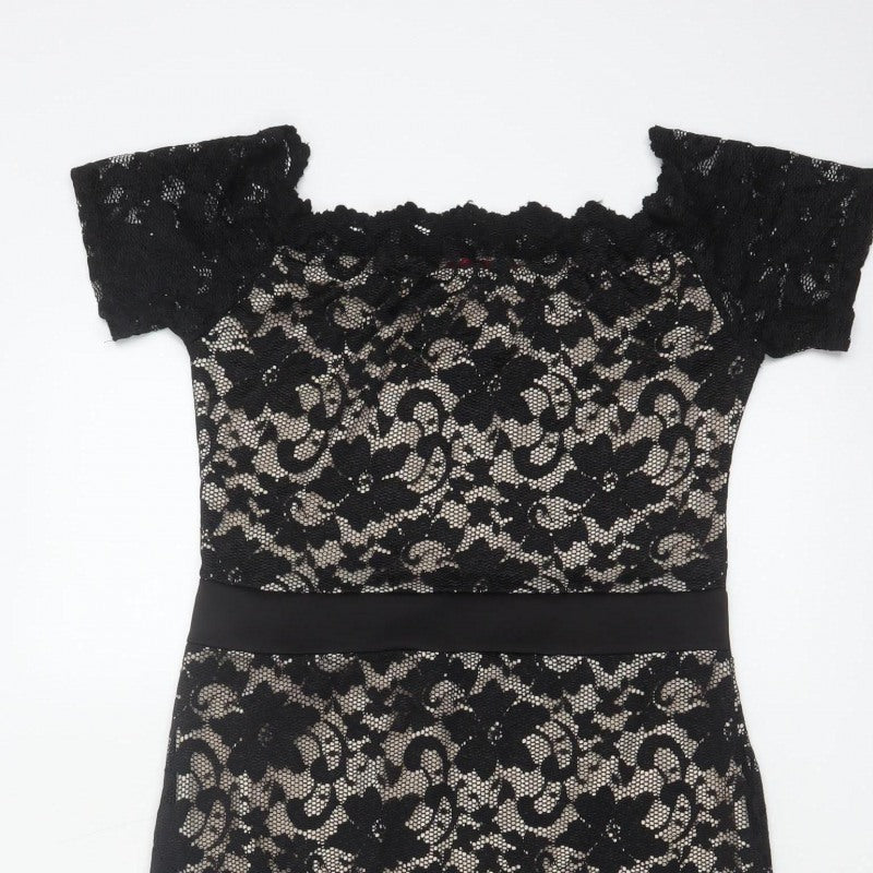 Boohoo Women Black UK 14 Floral Lace Bodycon Knee Party Dress