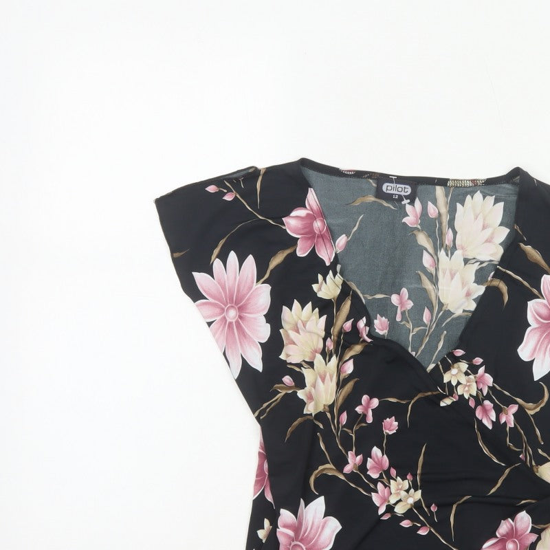 Pilot Women’s Black Floral Wrap Blouse UK 12 Cap Sleeve Tie