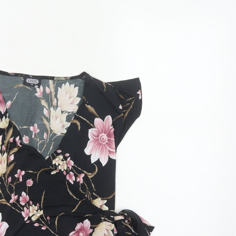 Pilot Women’s Black Floral Wrap Blouse UK 12 Cap Sleeve Tie