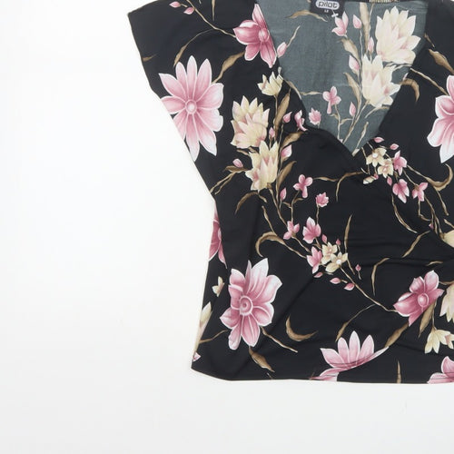 Pilot Women’s Black Floral Wrap Blouse UK 12 Cap Sleeve Tie