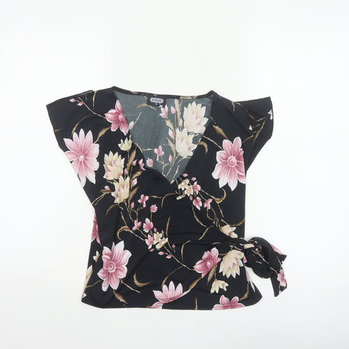 Pilot Women’s Black Floral Wrap Blouse UK 12 Cap Sleeve Tie
