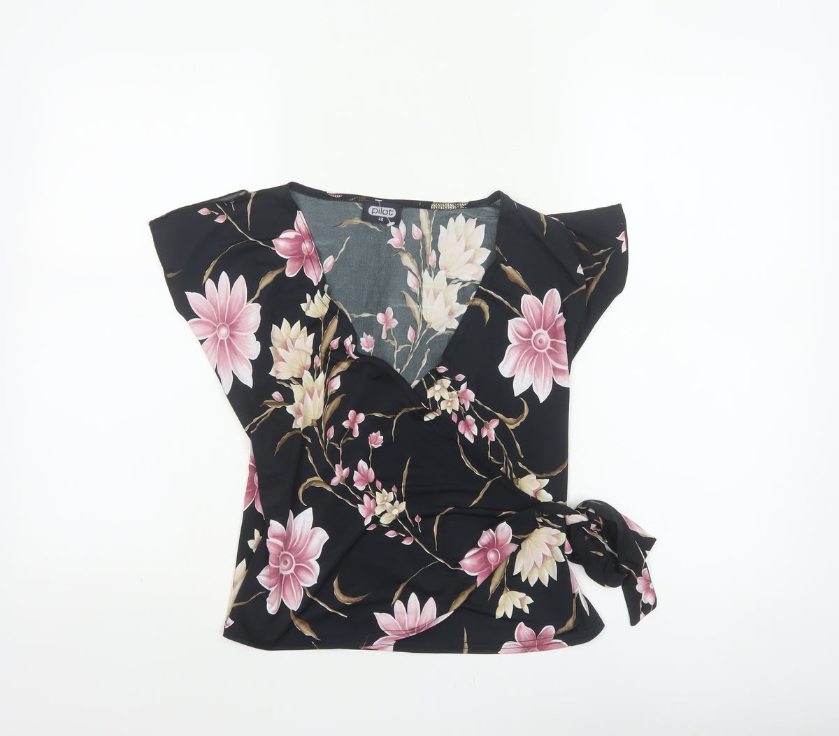 Pilot Women’s Black Floral Wrap Blouse UK 12 Cap Sleeve Tie
