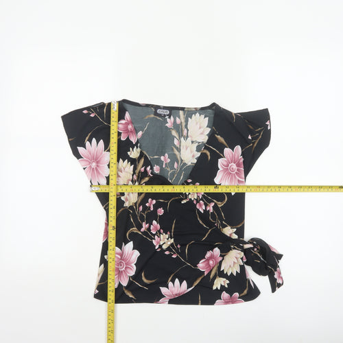 Pilot Women’s Black Floral Wrap Blouse UK 12 Cap Sleeve Tie