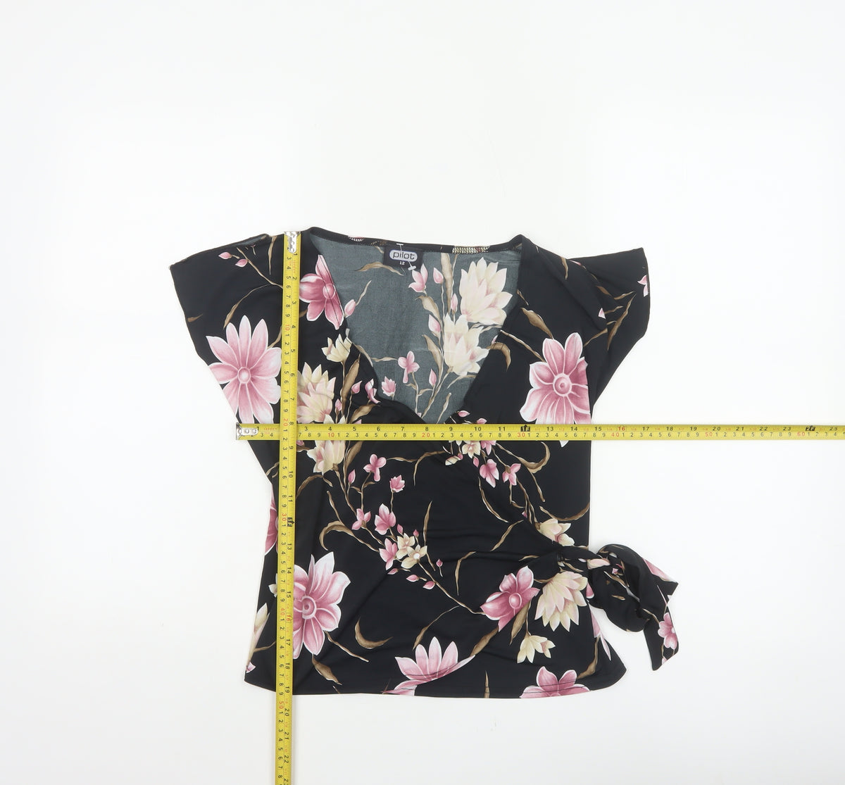 Pilot Women’s Black Floral Wrap Blouse UK 12 Cap Sleeve Tie