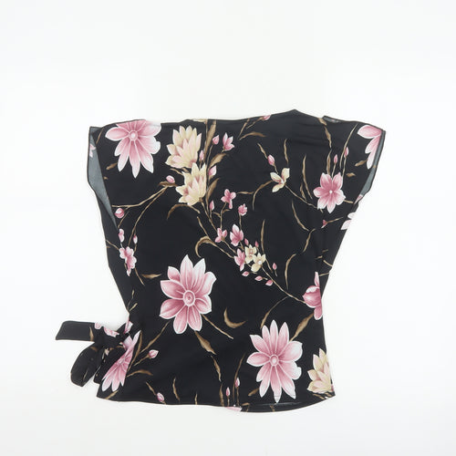 Pilot Women’s Black Floral Wrap Blouse UK 12 Cap Sleeve Tie