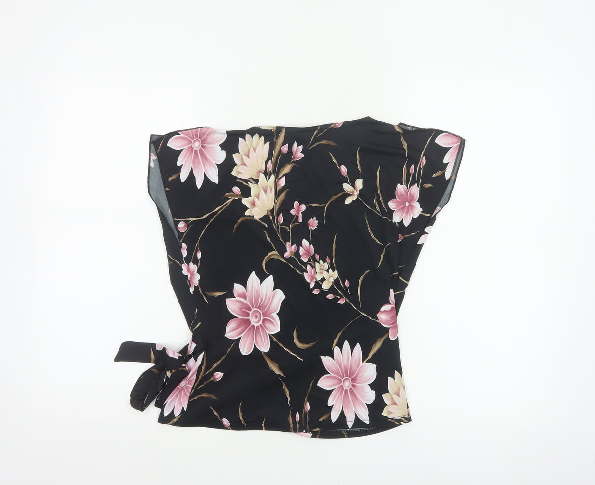 Pilot Women’s Black Floral Wrap Blouse UK 12 Cap Sleeve Tie