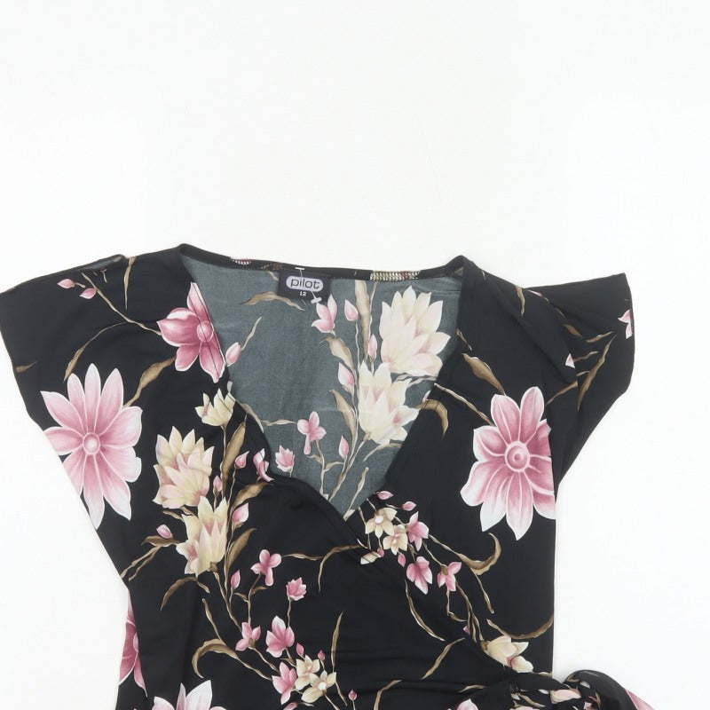 Pilot Women’s Black Floral Wrap Blouse UK 12 Cap Sleeve Tie