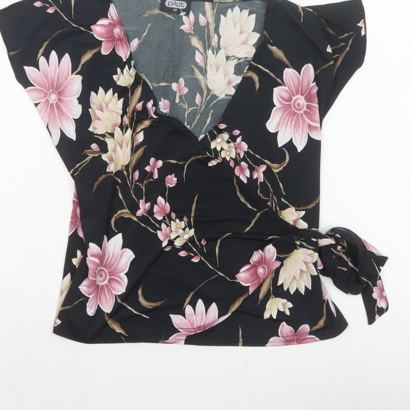 Pilot Women’s Black Floral Wrap Blouse UK 12 Cap Sleeve Tie
