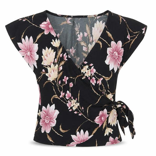 Pilot Women’s Black Floral Wrap Blouse UK 12 Cap Sleeve Tie