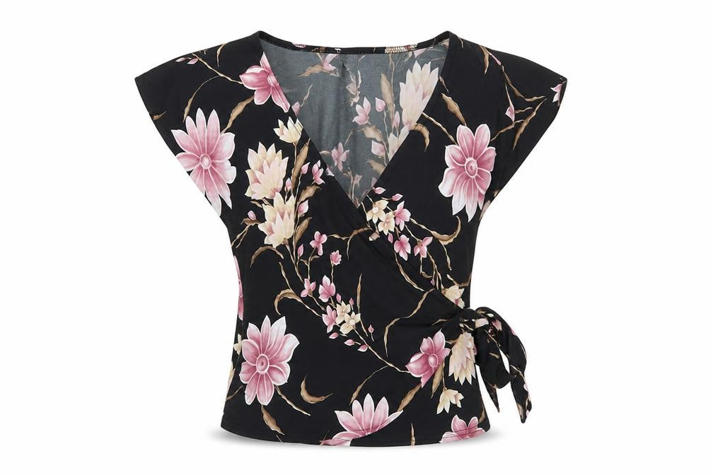 Pilot Women’s Black Floral Wrap Blouse UK 12 Cap Sleeve Tie