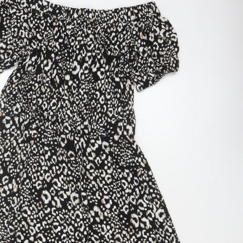 Next Women Black Animal Print UK 12 Off Shoulder Fit & Flare Midi Dress