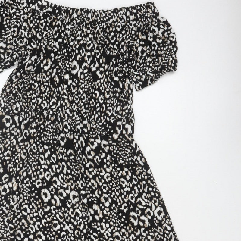 Next Women Black Animal Print UK 12 Off Shoulder Fit & Flare Midi Dress