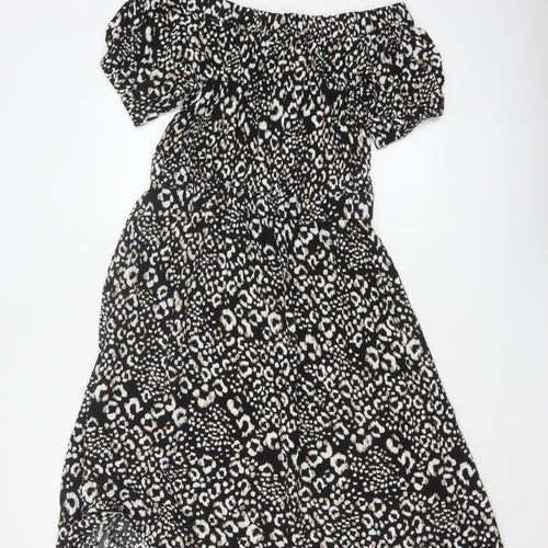 Next Women Black Animal Print UK 12 Off Shoulder Fit & Flare Midi Dress