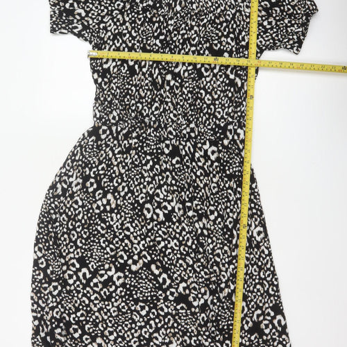 Next Women Black Animal Print UK 12 Off Shoulder Fit & Flare Midi Dress