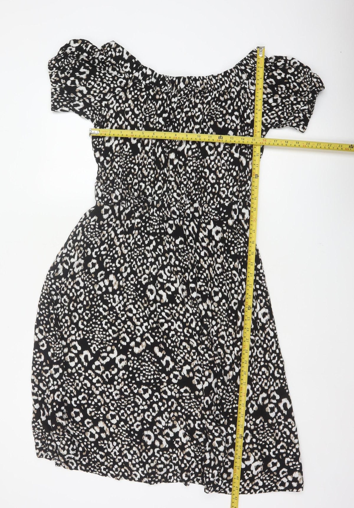 Next Women Black Animal Print UK 12 Off Shoulder Fit & Flare Midi Dress