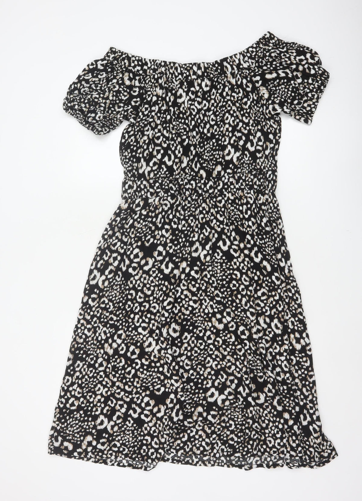 Next Women Black Animal Print UK 12 Off Shoulder Fit & Flare Midi Dress