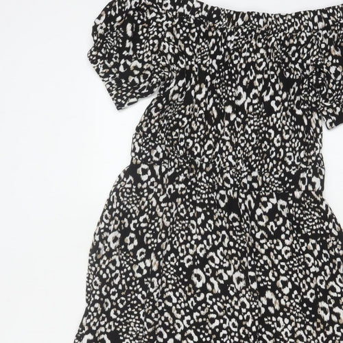 Next Women Black Animal Print UK 12 Off Shoulder Fit & Flare Midi Dress
