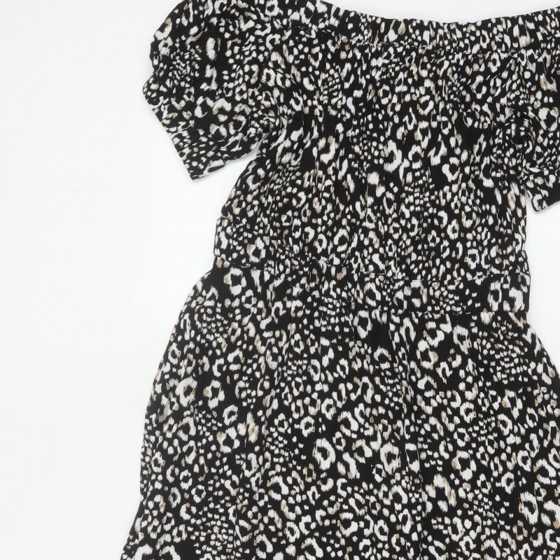 Next Women Black Animal Print UK 12 Off Shoulder Fit & Flare Midi Dress