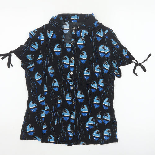 Hell Bunny Women Black Blue UK 12 Kimono Sleeve Button-Up Blouse