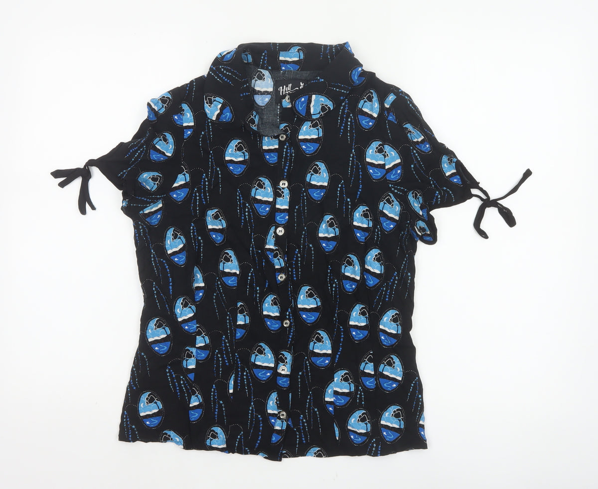 Hell Bunny Women Black Blue UK 12 Kimono Sleeve Button-Up Blouse
