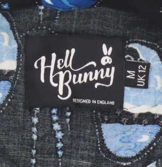 Hell Bunny Women Black Blue UK 12 Kimono Sleeve Button-Up Blouse