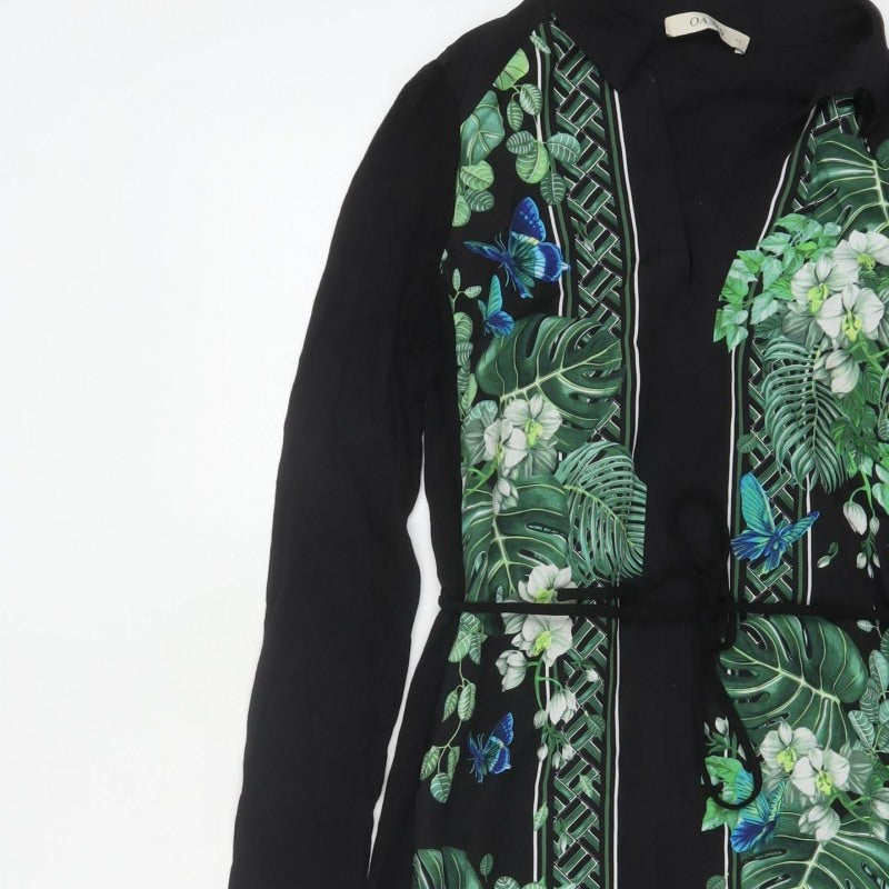Oasis Women Black XS Midi Shirt Dress Tropical Floral Butterfly Belted