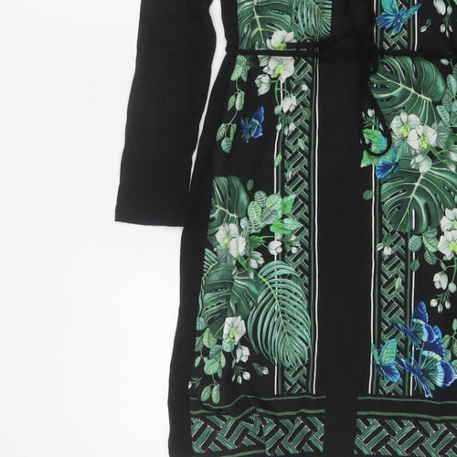 Oasis Women Black XS Midi Shirt Dress Tropical Floral Butterfly Belted