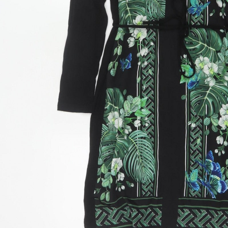Oasis Women Black XS Midi Shirt Dress Tropical Floral Butterfly Belted