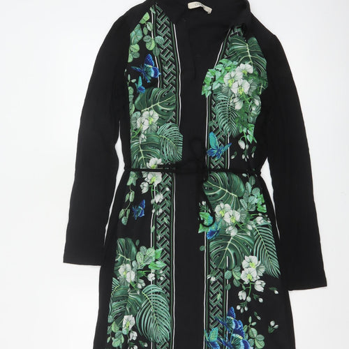 Oasis Women Black XS Midi Shirt Dress Tropical Floral Butterfly Belted