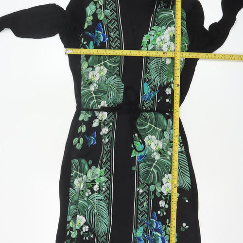 Oasis Women Black XS Midi Shirt Dress Tropical Floral Butterfly Belted
