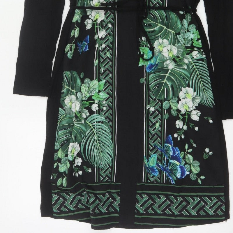 Oasis Women Black XS Midi Shirt Dress Tropical Floral Butterfly Belted
