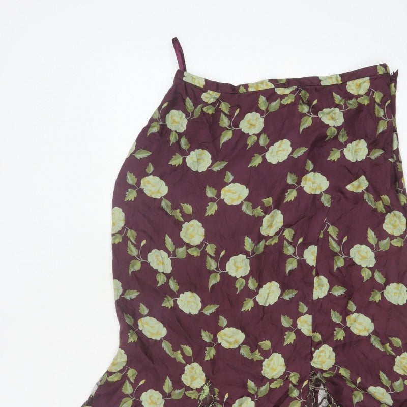 Whistles Women Purple Floral Silk Lace Trim Trumpet Midi Skirt UK 10