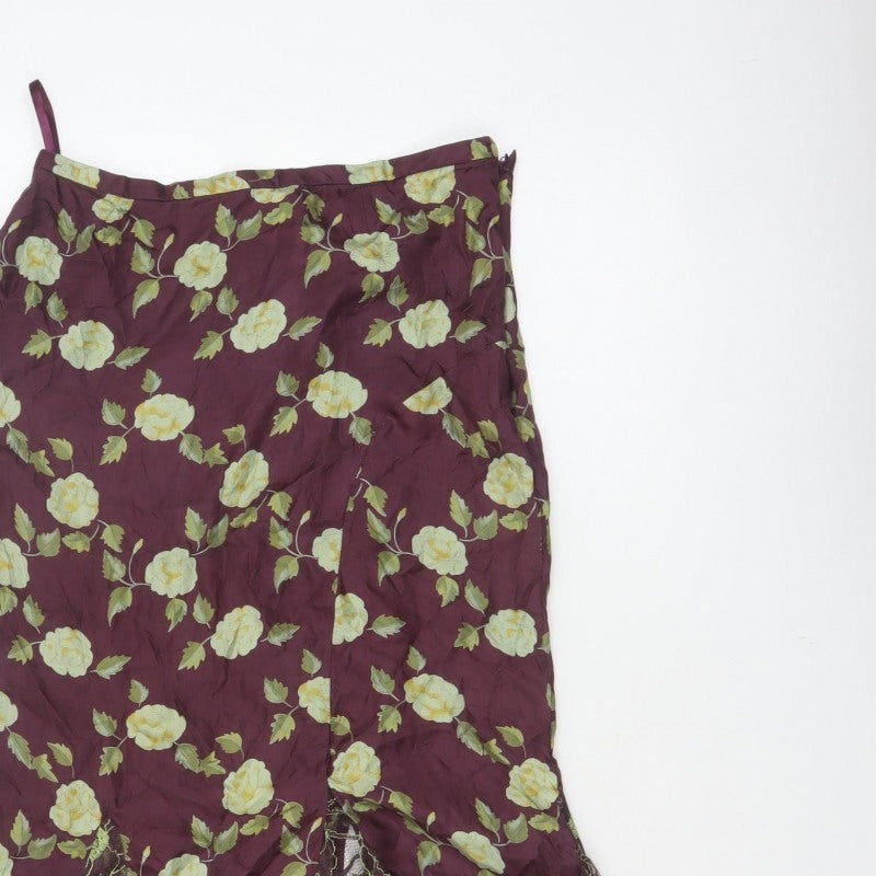 Whistles Women Purple Floral Silk Lace Trim Trumpet Midi Skirt UK 10
