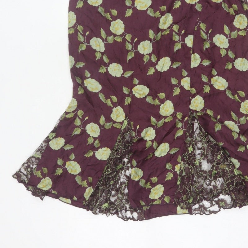 Whistles Women Purple Floral Silk Lace Trim Trumpet Midi Skirt UK 10