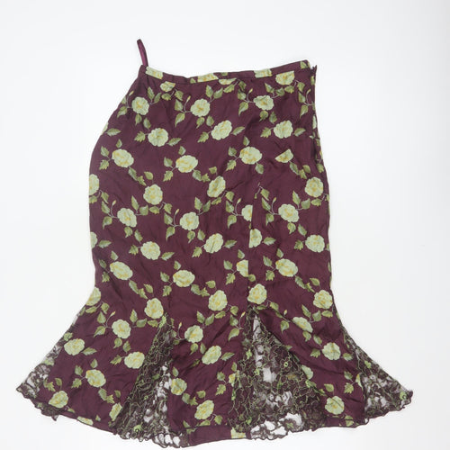 Whistles Women Purple Floral Silk Lace Trim Trumpet Midi Skirt UK 10