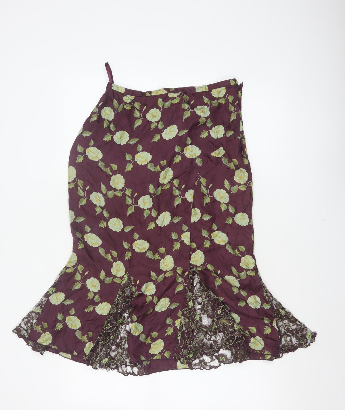 Whistles Women Purple Floral Silk Lace Trim Trumpet Midi Skirt UK 10
