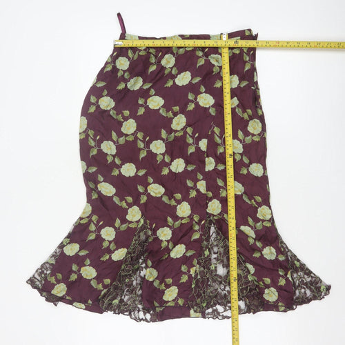 Whistles Women Purple Floral Silk Lace Trim Trumpet Midi Skirt UK 10