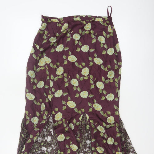 Whistles Women Purple Floral Silk Lace Trim Trumpet Midi Skirt UK 10