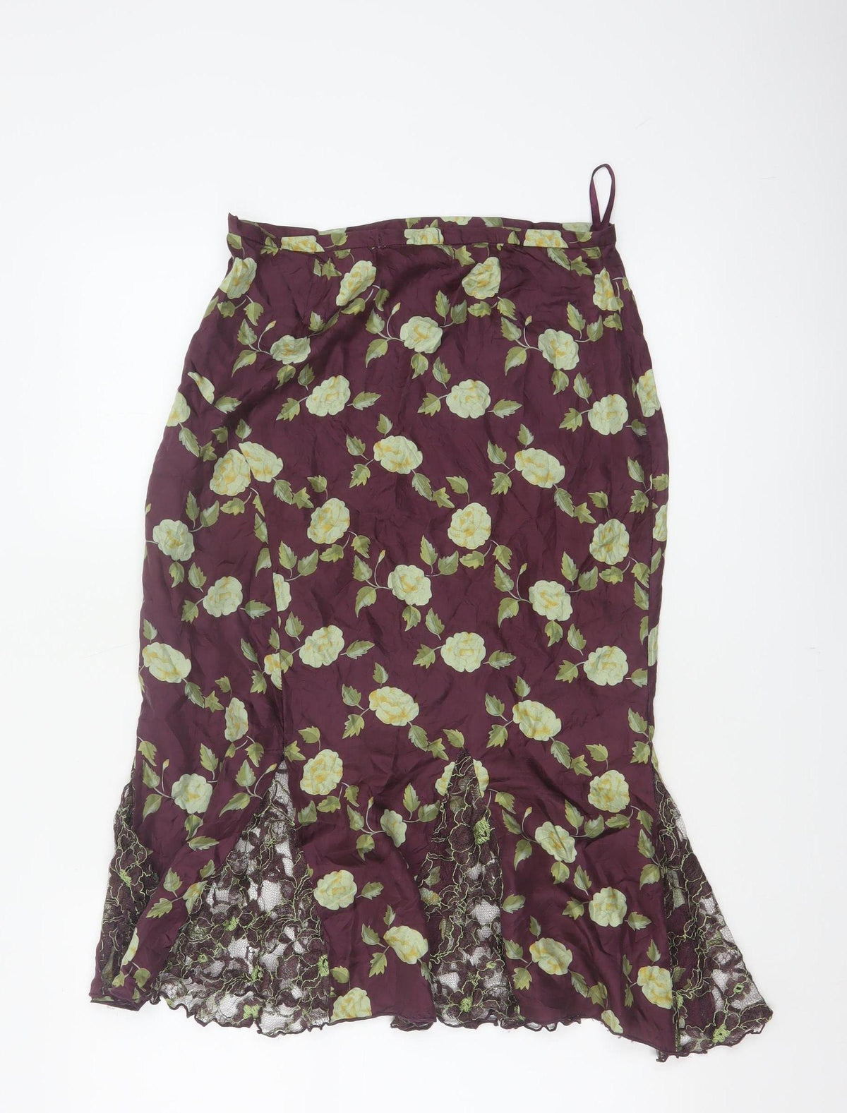 Whistles Women Purple Floral Silk Lace Trim Trumpet Midi Skirt UK 10